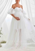Maternity Sweetheart Off the Shoulder Puff Sleeve Mesh Overlay Wedding Dress