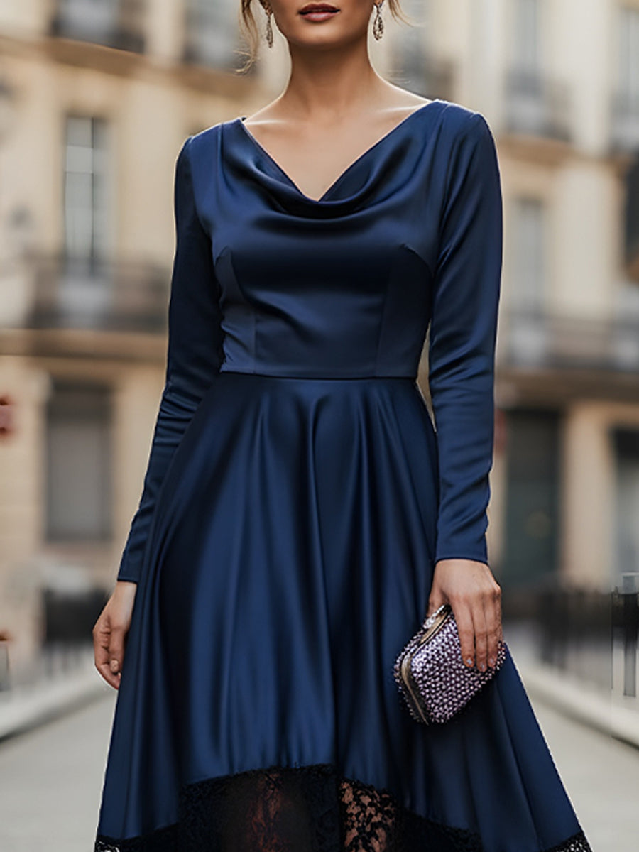 A-Line Lace Cowl Neck Hem High-Low Draped Satin Evening Dress