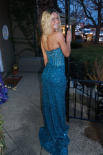 Gorgeous Mermaid Scoop Neck Blue Sequins Prom Dress with Beading
