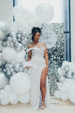 Modern Silver Off-the-Shoulder Sweetheart Mermaid Prom Dress Slit Long With Beadings