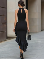 Black Halter Neck Asymmetric Ruffle Midi Dress