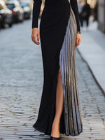 Elegant Tuxedo-Inspired Silver Slit Evening Dress