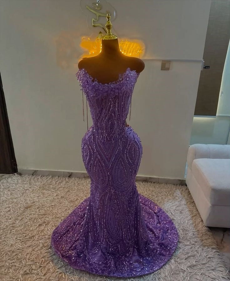 Exquisite Mermaid Strapless Grape Sequin Long Prom Dresses Senior Formal Party Dress Prom Gown