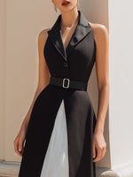 Halter Lapel Contrast Panel Belted Midi Dress