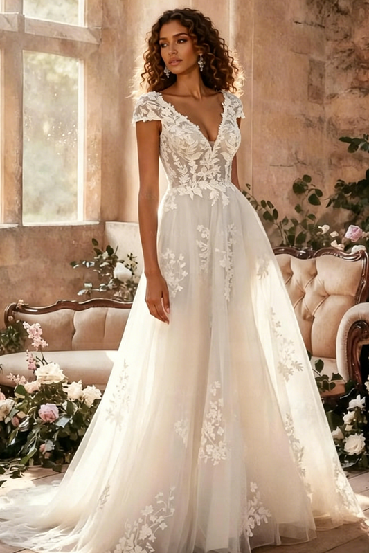 A-Line V-Neck Short Sleeves Chapel Train Satin Tulle Wedding Dresses With Appliques Lace