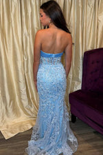 Elegant Strapless Light Blue Lace Mermaid Gown with Bow Detail