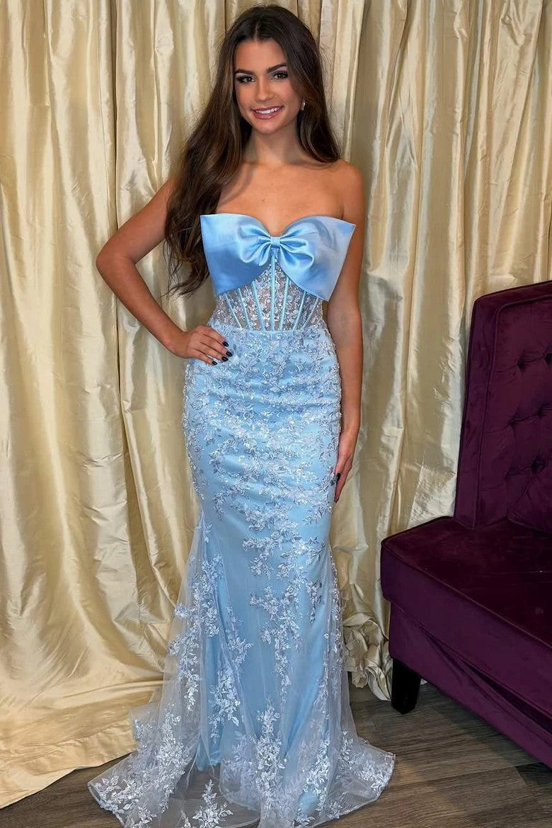 Elegant Strapless Light Blue Lace Mermaid Gown with Bow Detail
