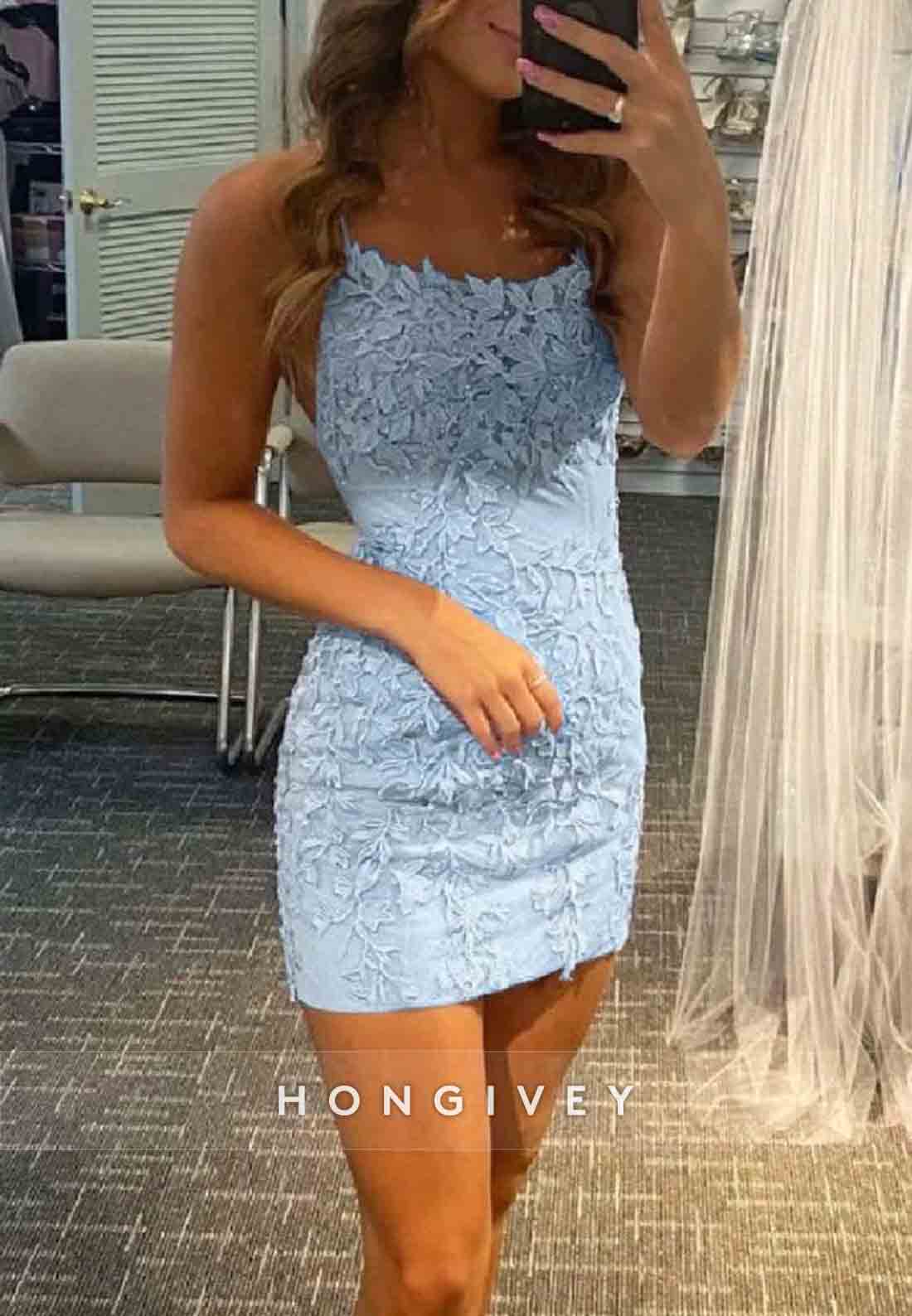 Sheath Spaghetti Straps Purple Short Homecoming Dress with Appliques