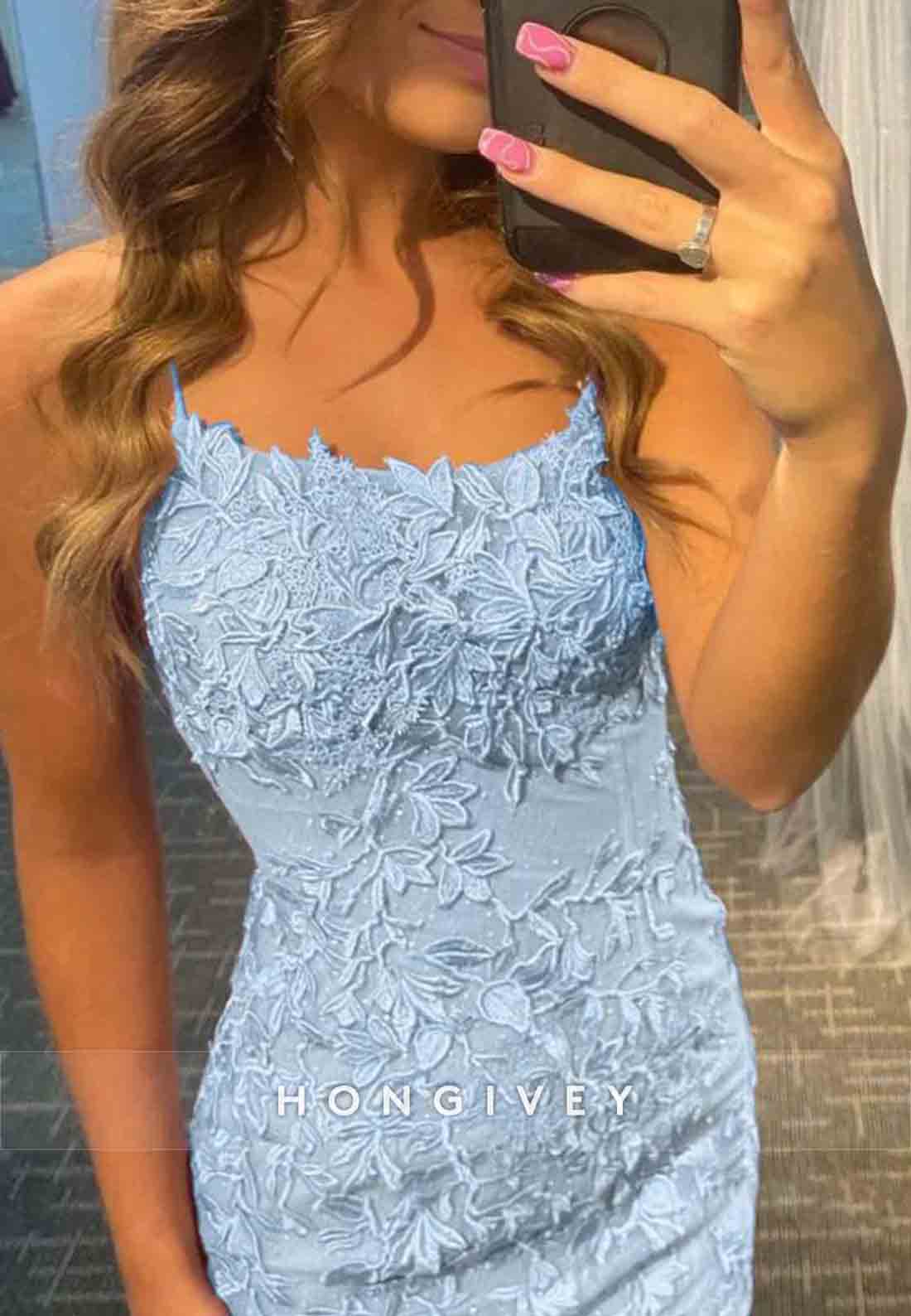 Sheath Spaghetti Straps Purple Short Homecoming Dress with Appliques