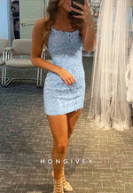 Sheath Spaghetti Straps Purple Short Homecoming Dress with Appliques