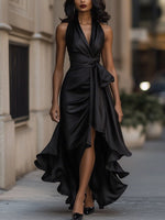 Midnight Elegance Satin Halter Ruffle Gown