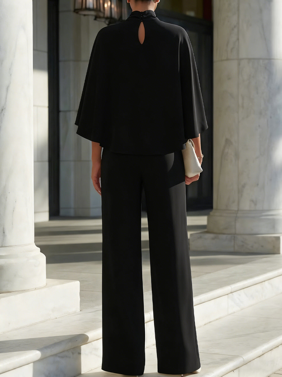 Cape-Sleeve High-Neck Blouse Slit Wide-Leg Trousers Set