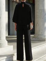 Cape-Sleeve High-Neck Blouse Slit Wide-Leg Trousers Set