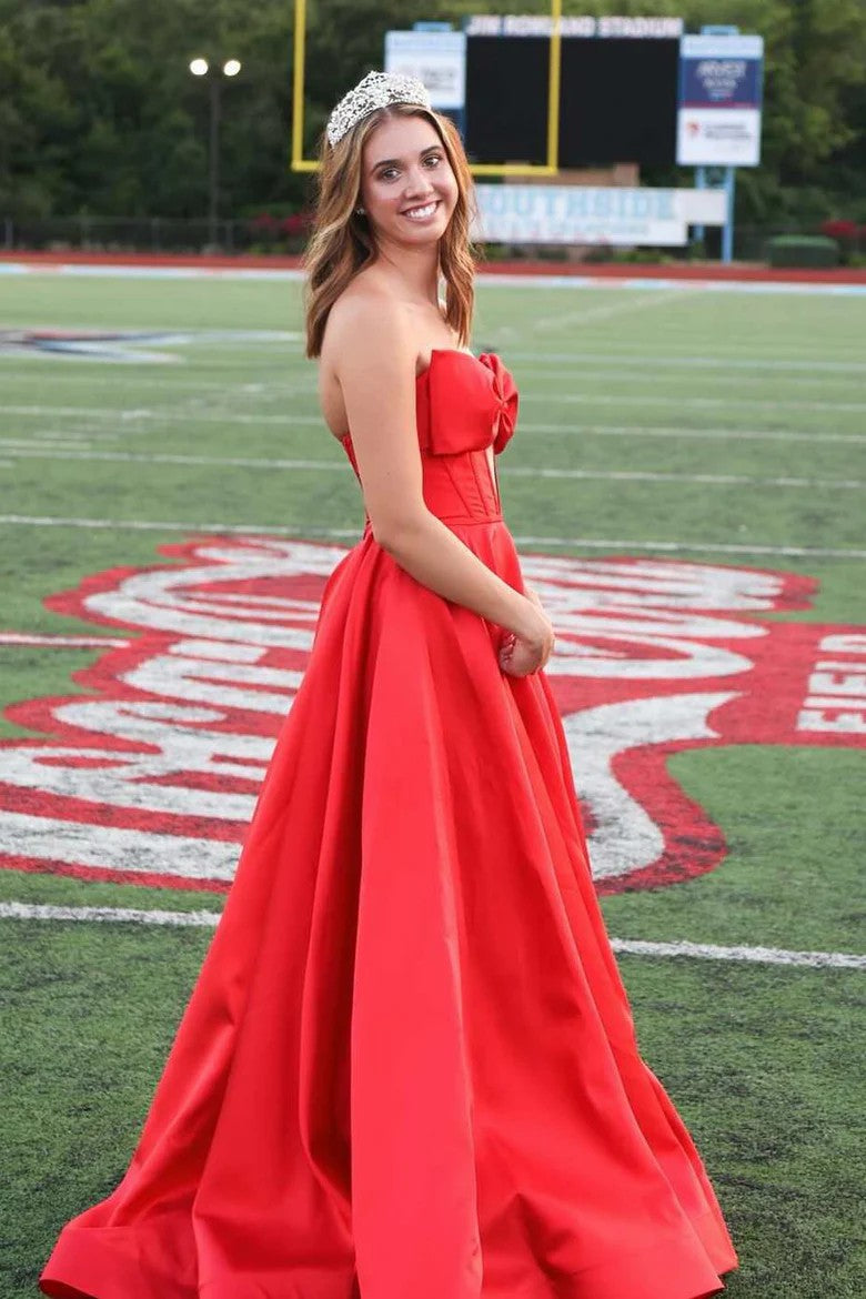 Stunning Red Strapless Bow Front Satin A-Line Prom Dress with Slit