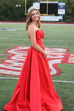 Stunning Red Strapless Bow Front Satin A-Line Prom Dress with Slit