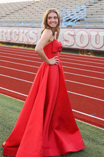 Stunning Red Strapless Bow Front Satin A-Line Prom Dress with Slit
