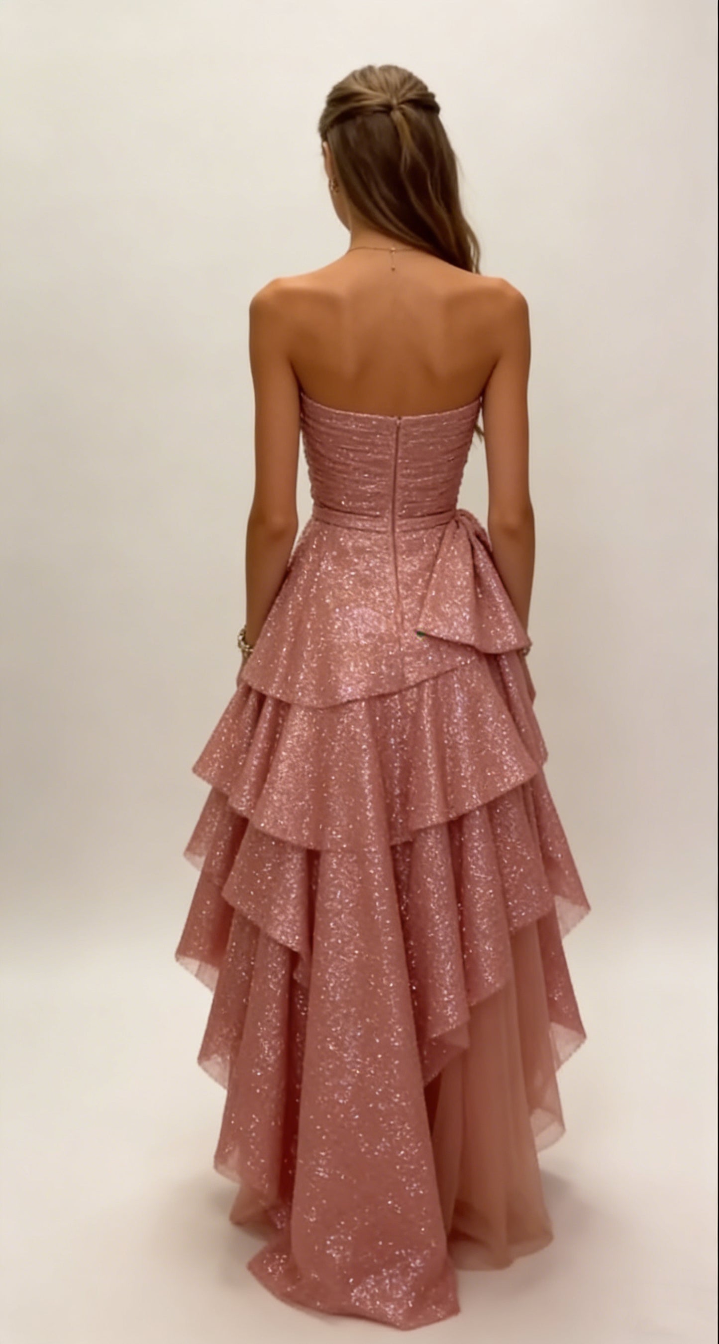 Strapless Blush Pink Ruched Tiered High-low Dress