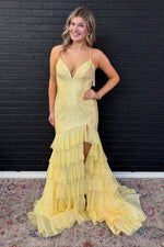 Women's Glittery Sequin Beaded Mermaid Prom Dresses Long V Neck Party Gowns with Ruffles