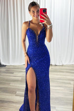 Mermaid Glittery Sequin Beaded V Neck Prom Dresses Long with Spaghetti Straps