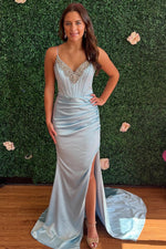 Women's Mermaid Satin Corset Beaded V Neck Prom Dresses Long with Side Slit