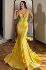 Women's Mermaid Satin Beaded Long Prom Dresses Sexy V Neck Evening Party Gowns