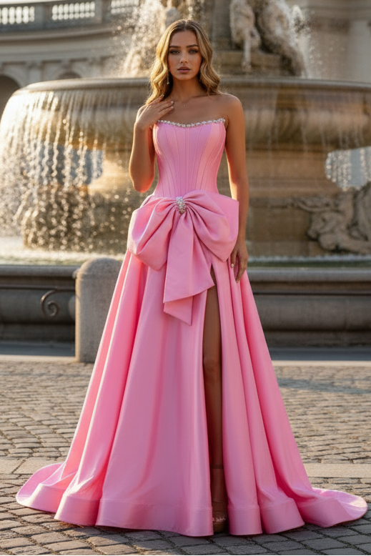 Women's Satin Corset Beaded Prom Dresses Long A Line Formal Party Gowns with Bowknot