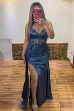 Mermaid Satin V Neck Prom Dresses Long Corset Lace Evening Party Gowns with Split