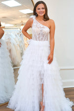 Women's One Shoulder Tulle Ruffled Prom Dresses Corset Lace Prom Dress