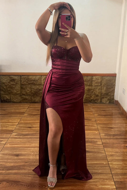 Sweetheart Corset Satin Beaded Prom Dresses Long Strapless Evening Gowns with Split