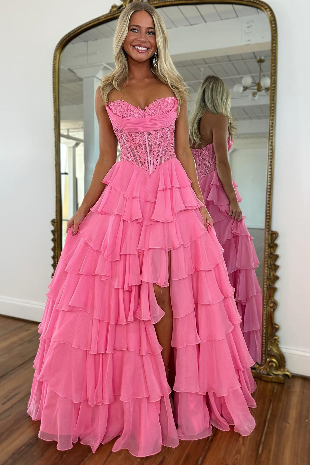 Women's A Line Chiffon Ruffled Long Prom Dresses Sweetheart Corset Party Gowns with Slit