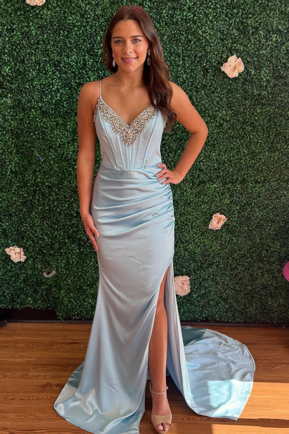 Women's Mermaid Satin Corset Beaded V Neck Prom Dresses Long with Side Slit