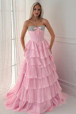 Sweetheart Corset Crystal Beaded Prom Dresses A Line Chiffon Ruffled Evening Gowns