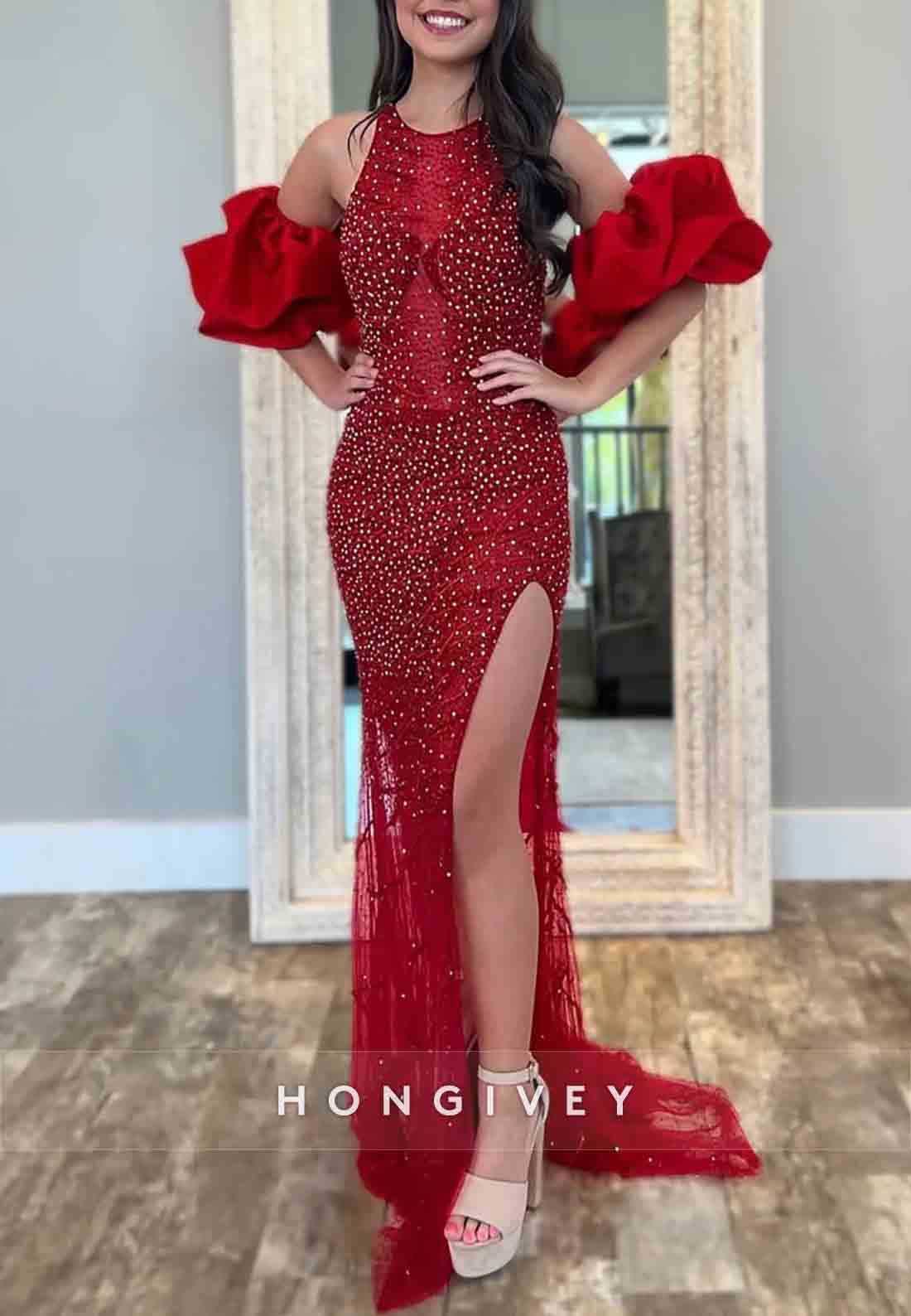 Red Halter Neck Mermaid Open Back Side Slit Prom Dresses with Beading