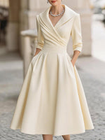 V-Neck Vintage-Inspired Satin A-Line Midi Dress With Draped Collar