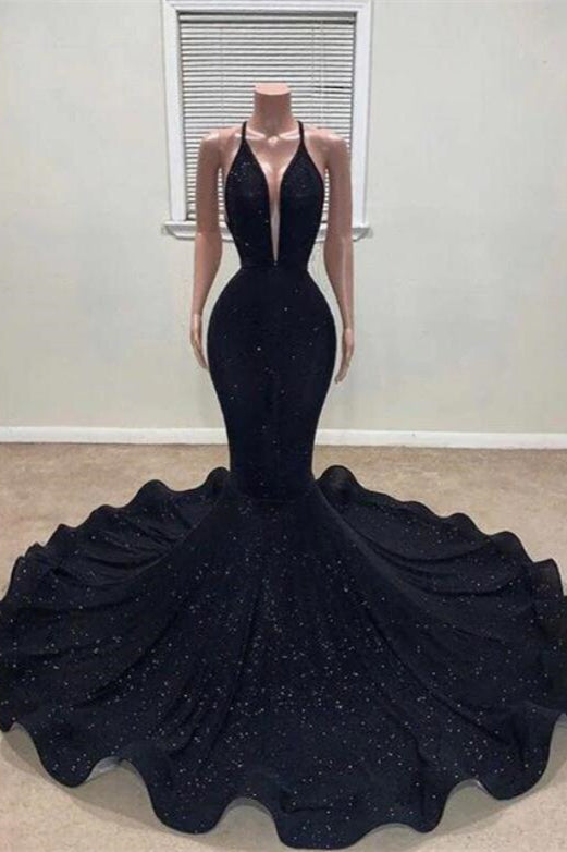 Hidais Black Sleeveless Deep V Neck Long Mermaid Halter Prom Dress With Sequins