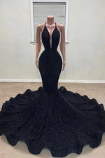 Hidais Black Sleeveless Deep V Neck Long Mermaid Halter Prom Dress With Sequins