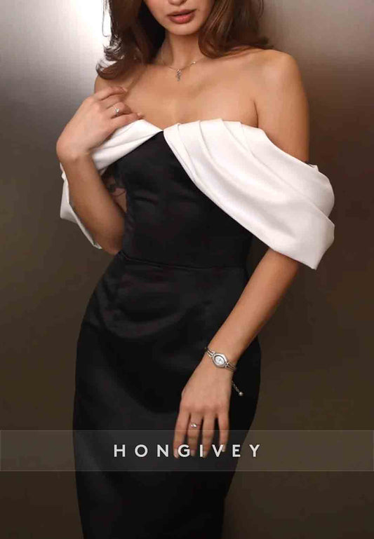 Low Back Off the Shoulder Satin Floor-Length Sheath Pleated Evening Gown