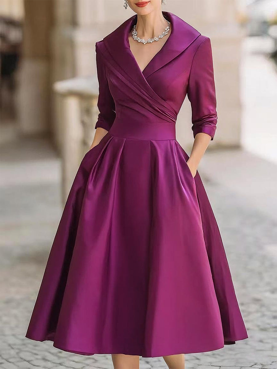 V-Neck Vintage-Inspired Satin A-Line Midi Dress With Draped Collar