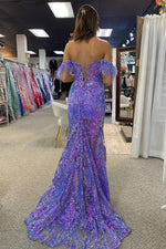 Charming Mermaid Off the Shoulder Light Purple Sequin Prom Dress
