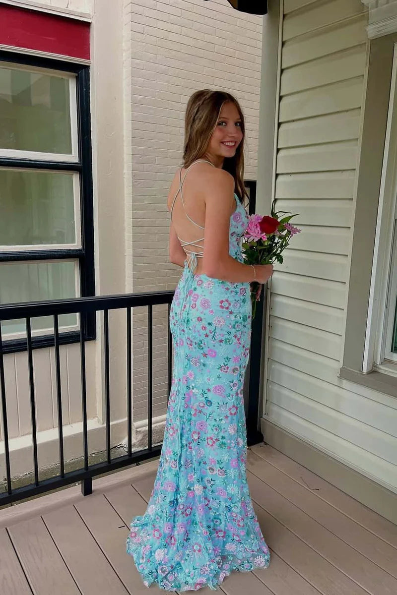 Spaghetti Straps Blue Flowers Floral Print Sleevless Mermaid Side Slit Prom Dress