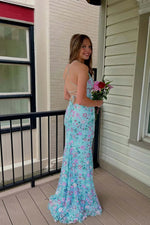 Spaghetti Straps Blue Flowers Floral Print Sleevless Mermaid Side Slit Prom Dress
