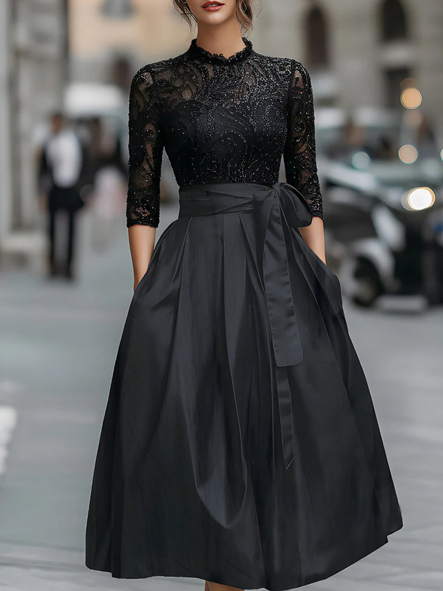 Elegant Black Lace Bodice Dress With Pleated Skirt
