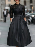 Elegant Black Lace Bodice Dress With Pleated Skirt