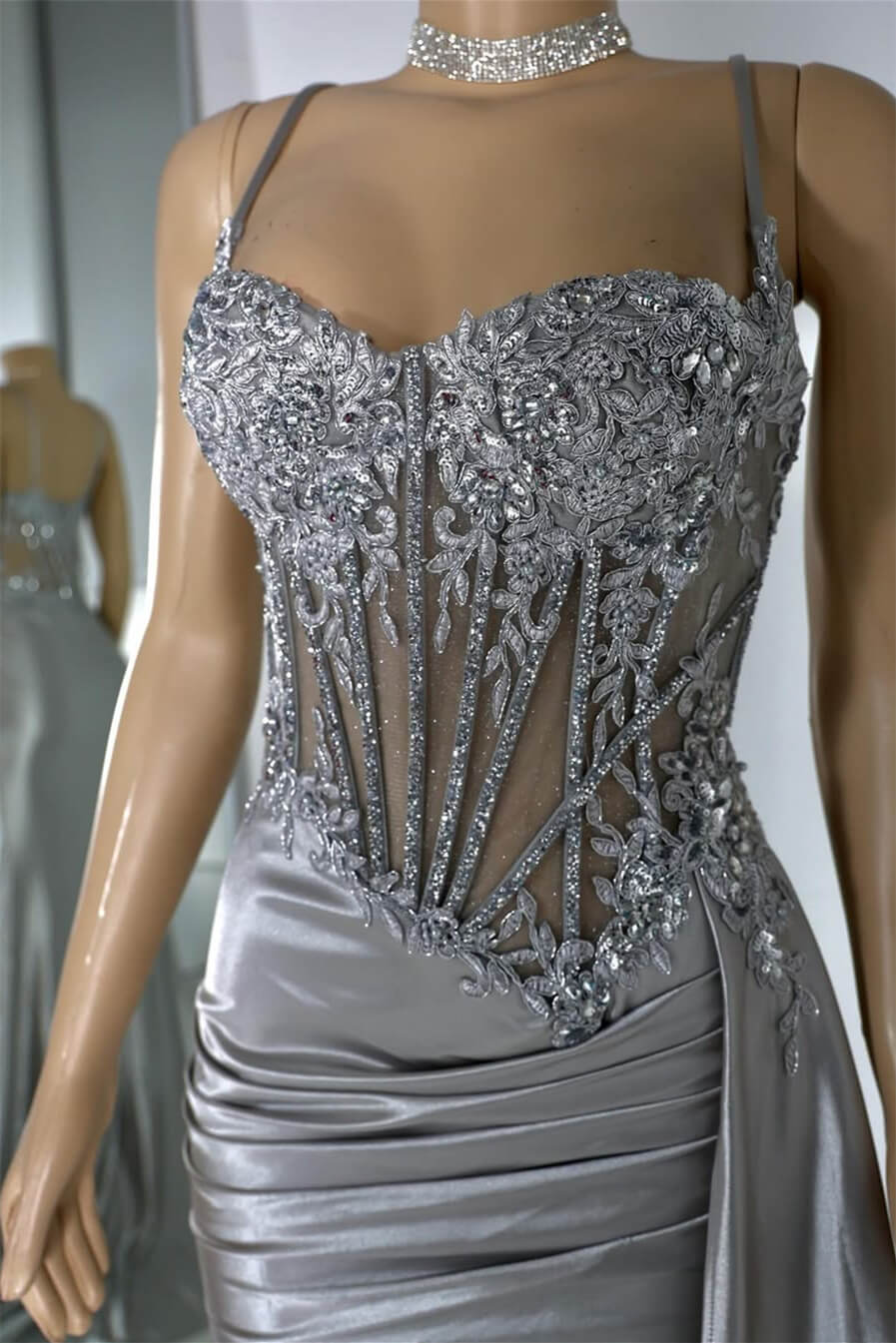 Silver Spaghetti-Straps Sleeveless Mermaid Prom Dress Split Long With Ruffles Appliques