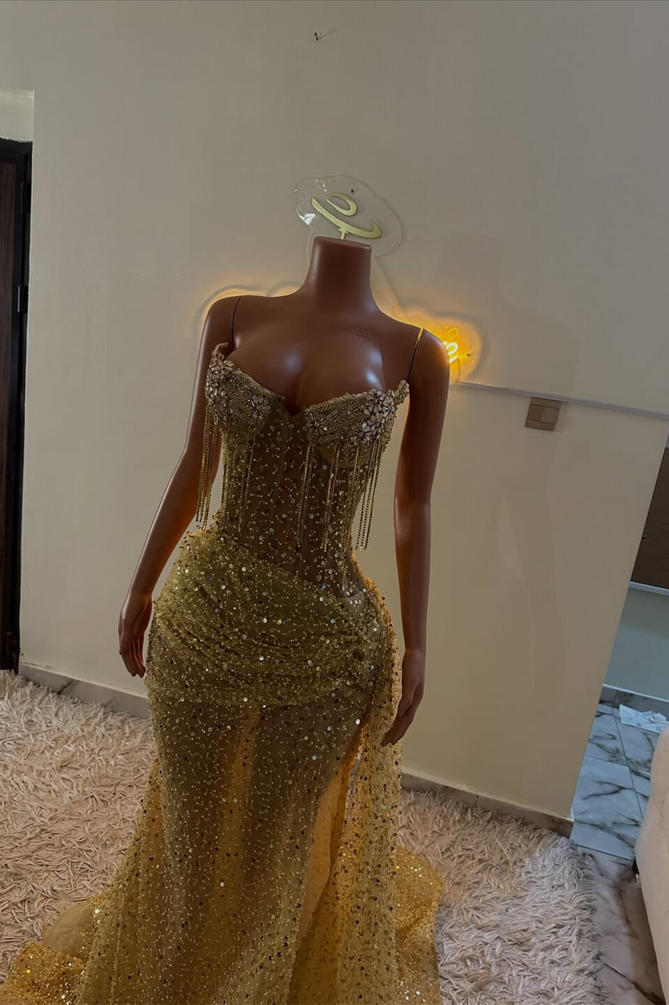 Gold Sweetheart Sleeveless Prom Dress Long With Sequins Crystals Tassels Online