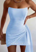 Side Draping Sheath Strapless Yellow Short Homecoming Dress with Ruched