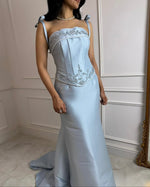 Blue Spaghetti Straps Bow Mermaid Floor-Lenght Evening Dress