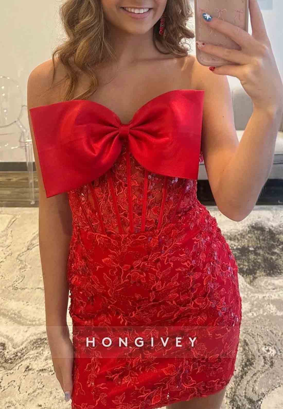 Lace Blush Pink Strapless Mini Homecoming Dress with Satin Bowknot and Corset Bodice