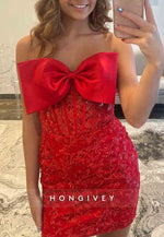 Lace Blush Pink Strapless Mini Homecoming Dress with Satin Bowknot and Corset Bodice