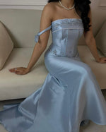 Blue Spaghetti Straps Bow Mermaid Floor-Lenght Evening Dress
